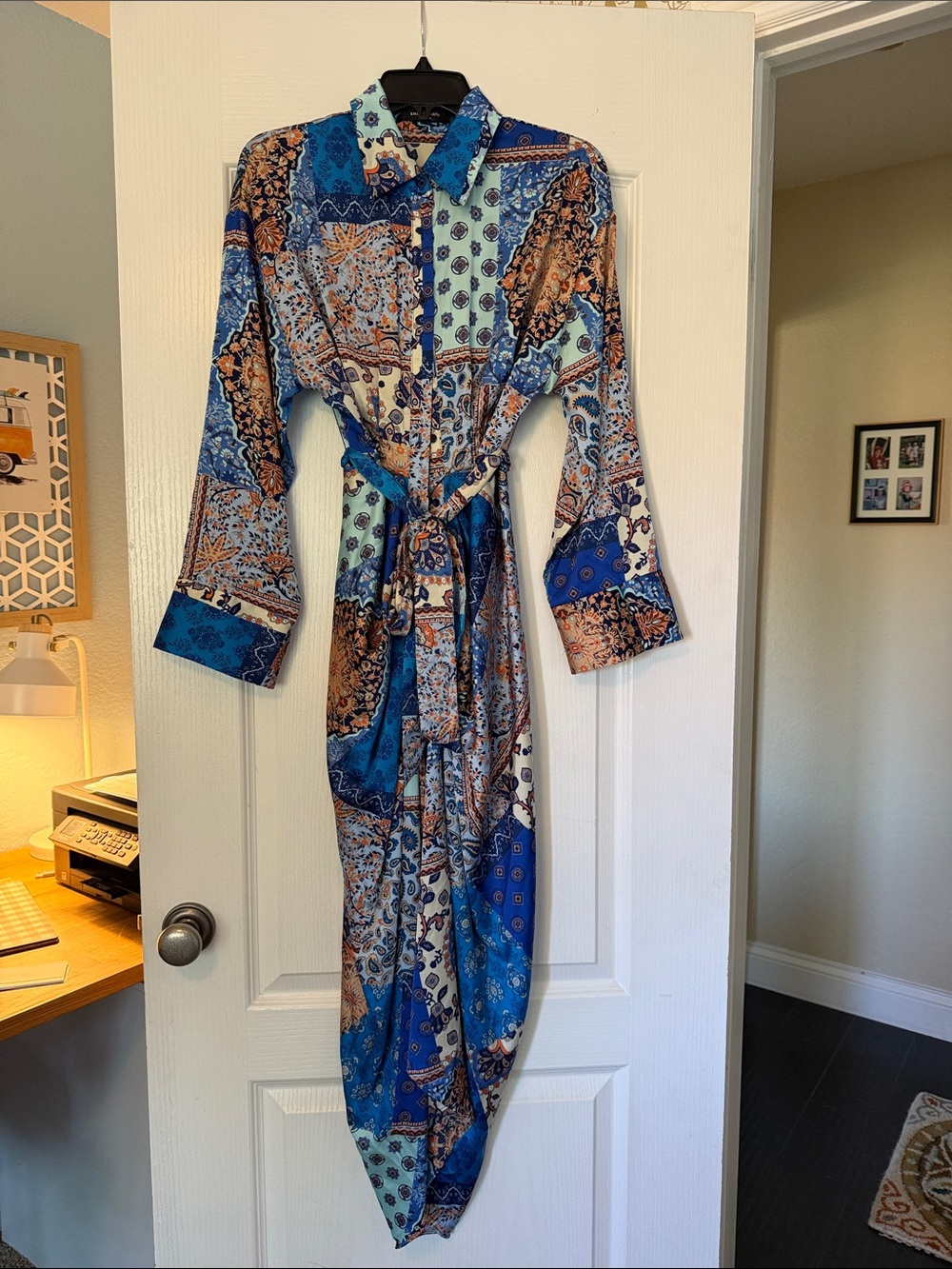 SHEIN Blue & Tan/peach Patchwork Paisley Button-Up Maxi Dress with Belt